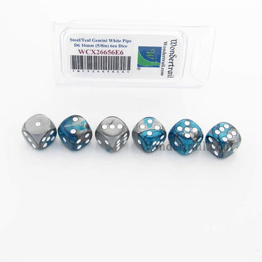 WCX26656E6 Steel Teal Gemini Dice White Pips D6 16mm (5/8in) Pack of 6 (ONLINE ORDER ONLY)