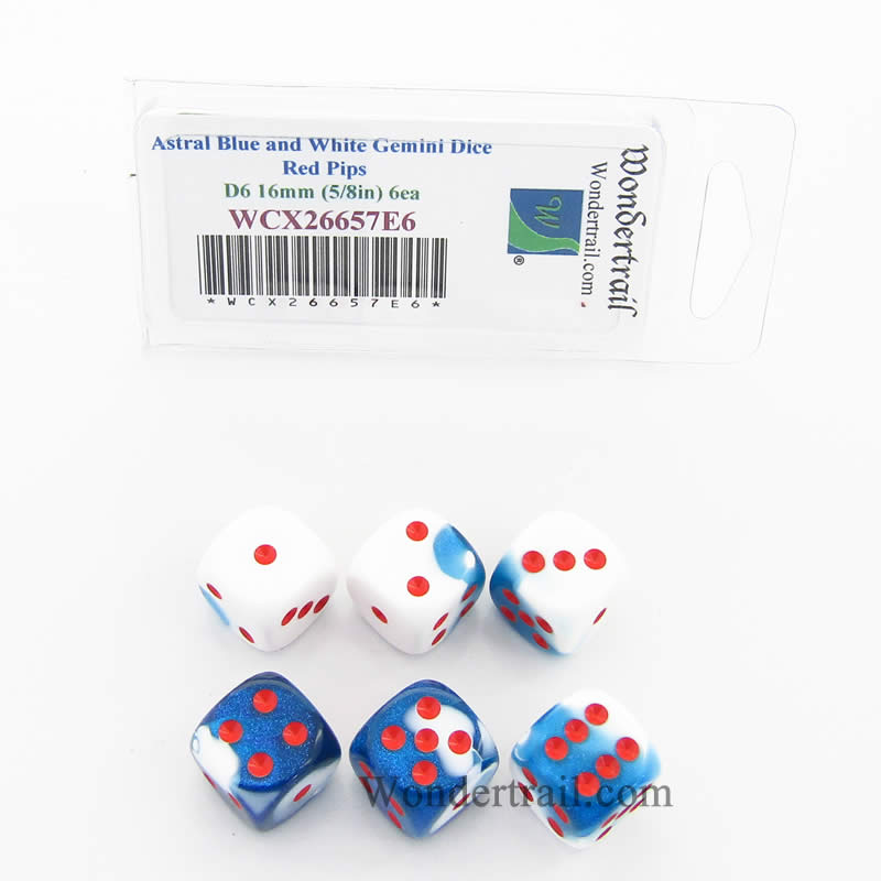 WCX26657E6 Astral Blue White Gemini Dice Red Pips D6 16mm Pack of 6 (ONLINE ORDER ONLY)