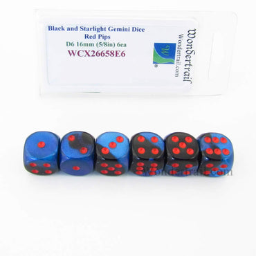 WCX26658E6 Black Starlight Gemini Dice Red Pips D6 16mm Pack of 6 (ONLINE ORDER ONLY)