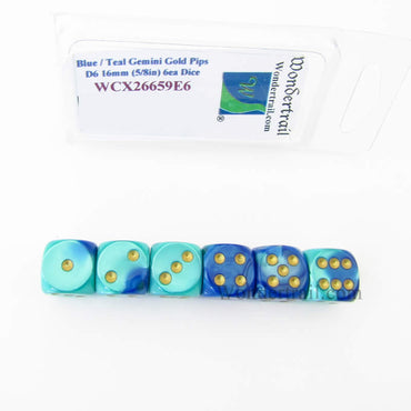 WCX26659E6 Blue and Teal Gemini Dice Gold Pips 16mm (5/8in) D6 Set of 6 (ONLINE ORDER ONLY)