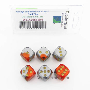 WCX26661E6 Orange and Steel Gemini Dice Gold Pips D6 16mm (5/8in) Pack of 6 (ONLINE ORDER ONLY)