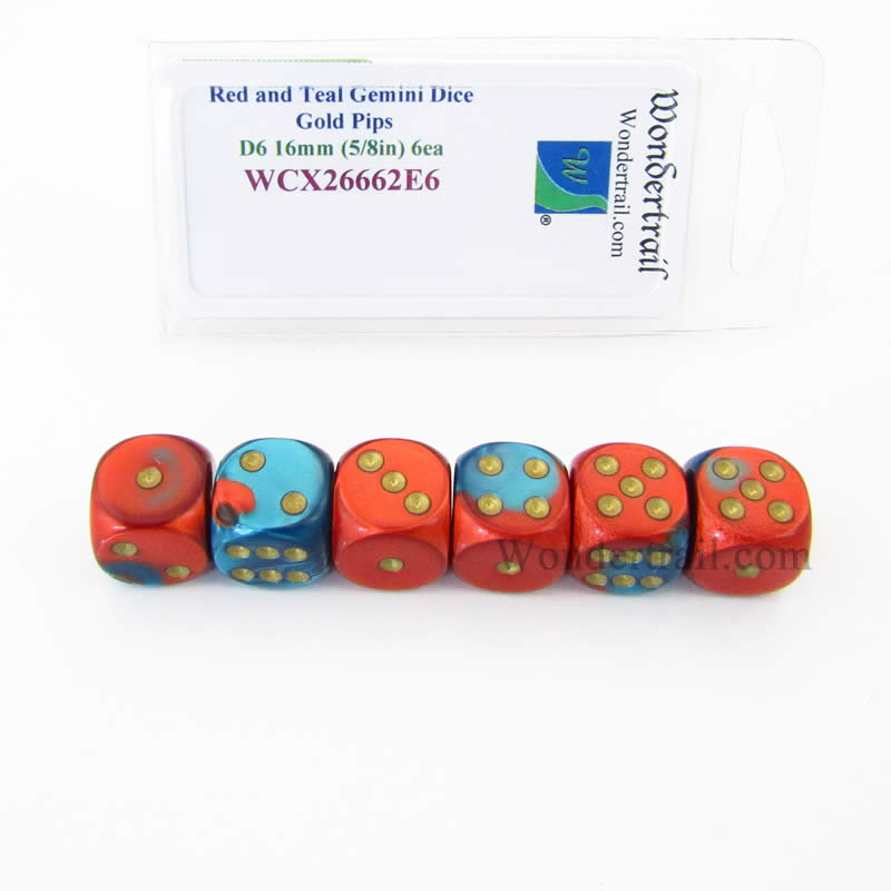 WCX26662E6 Red and Teal Gemini Dice Gold Pips D6 16mm (5/8in) Pack of 6 (ONLINE ORDER ONLY)