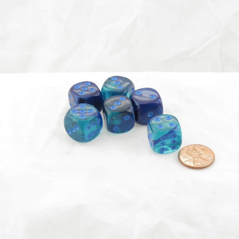 WCX26663E6 Blue and Blue Gemini Luminary Dice Light Blue Pips D6 16mm (5/8in) Pack of 6 (ONLINE ORDER ONLY)