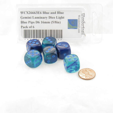 WCX26663E6 Blue and Blue Gemini Luminary Dice Light Blue Pips D6 16mm (5/8in) Pack of 6 (ONLINE ORDER ONLY)