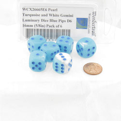 WCX26665E6 Pearl Turquoise and White Gemini Luminary Dice Blue Pips D6 16mm (5/8in) Pack of 6 (ONLINE ORDER ONLY)