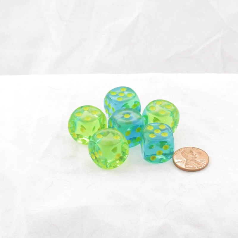 WCX26666E6 Green and Teal Gemini Translucent Dice Yellow Pips D6 16mm (5/8in) Pack of 6 (ONLINE ORDER ONLY)