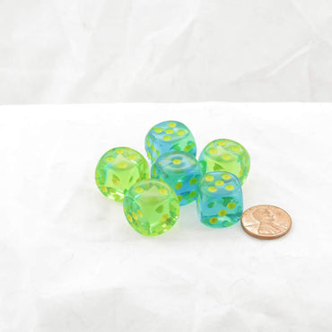 WCX26666E6 Green and Teal Gemini Translucent Dice Yellow Pips D6 16mm (5/8in) Pack of 6 (ONLINE ORDER ONLY)