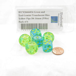 WCX26666E6 Green and Teal Gemini Translucent Dice Yellow Pips D6 16mm (5/8in) Pack of 6 (ONLINE ORDER ONLY)