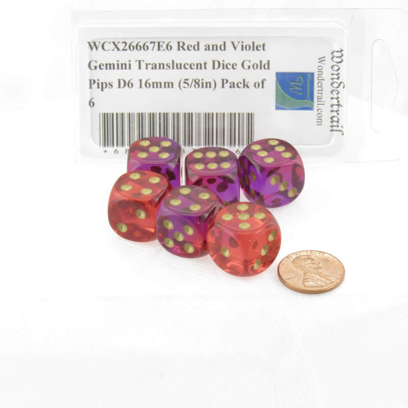 WCX26667E6 Red and Violet Gemini Translucent Dice Gold Pips D6 16mm (5/8in) Pack of 6 (ONLINE ORDER ONLY)