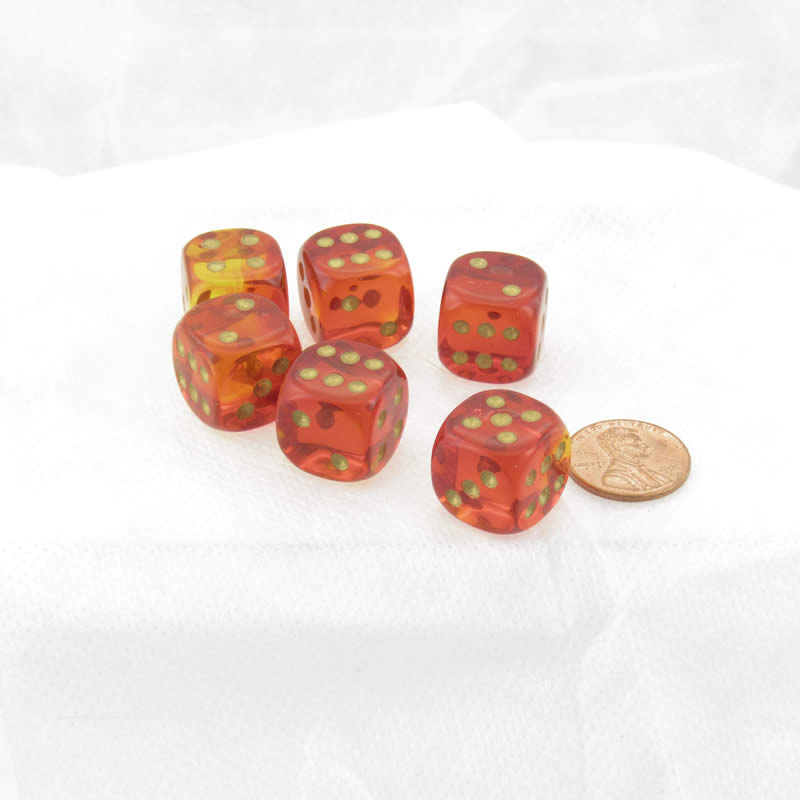 WCX26668E6 Red and Yellow Gemini Translucent Dice Gold Pips D6 16mm (5/8in) Pack of 6 (ONLINE ORDER ONLY)