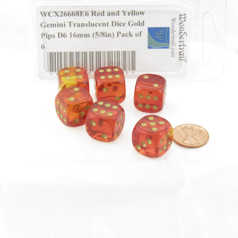 WCX26668E6 Red and Yellow Gemini Translucent Dice Gold Pips D6 16mm (5/8in) Pack of 6 (ONLINE ORDER ONLY)
