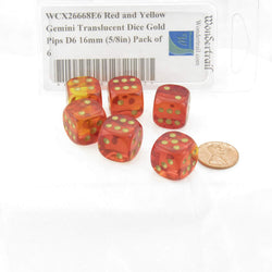 WCX26668E6 Red and Yellow Gemini Translucent Dice Gold Pips D6 16mm (5/8in) Pack of 6 (ONLINE ORDER ONLY)