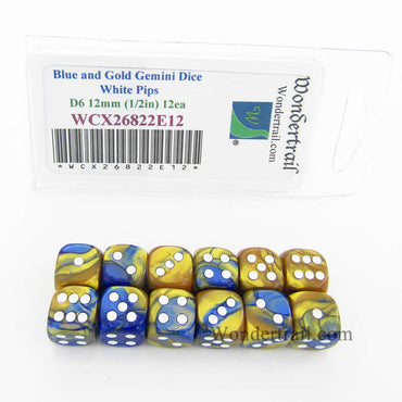 WCX26822E12 Blue Gold Gemini Dice White Pips D6 12mm Pack of 12 (ONLINE ORDER ONLY)