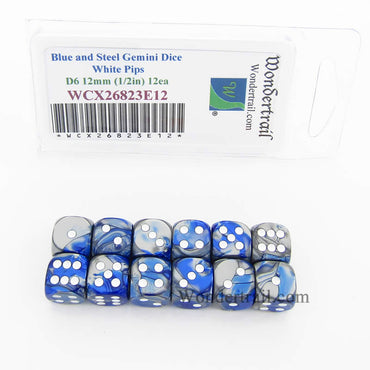 WCX26823E12 Blue Steel Gemini Dice White Pips D6 12mm Pack of 12 (ONLINE ORDER ONLY)