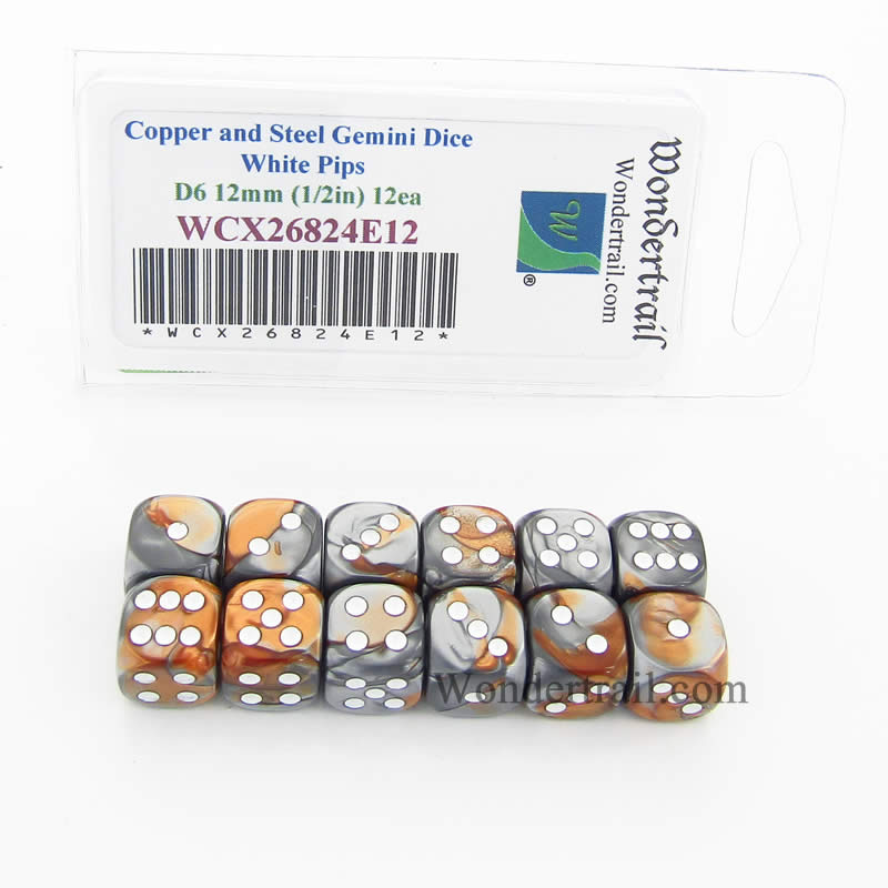 WCX26824E12 Copper Steel Gemini Dice White Pips D6 12mm Pack of 12 (ONLINE ORDER ONLY)