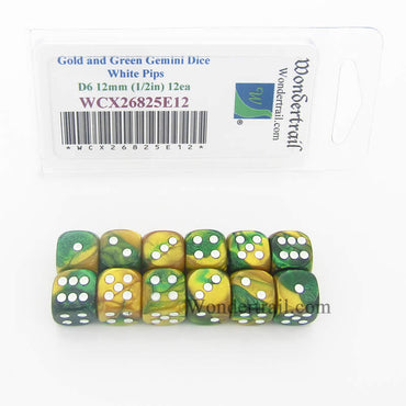 WCX26825E12 Gold Green Gemini Dice White Pips D6 12mm Pack of 12 (ONLINE ORDER ONLY)