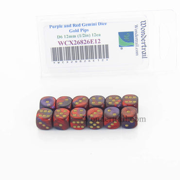WCX26826E12 Purple Red Gemini Dice Gold Pips D6 12mm Pack of 12 (ONLINE ORDER ONLY)