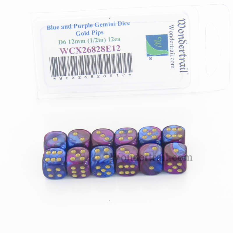 WCX26828E12 Blue Purple Gemini Dice Gold Pips D6 12mm Pack of 12 (ONLINE ORDER ONLY)
