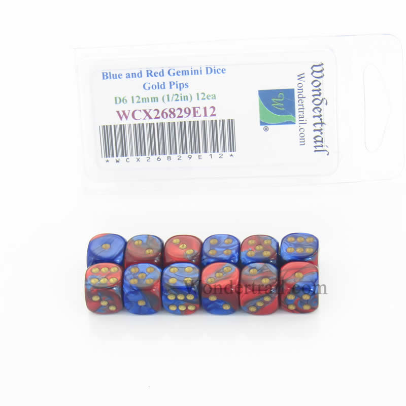 WCX26829E12 Blue Red Gemini Dice Gold Pips D6 12mm Pack of 12 (ONLINE ORDER ONLY)