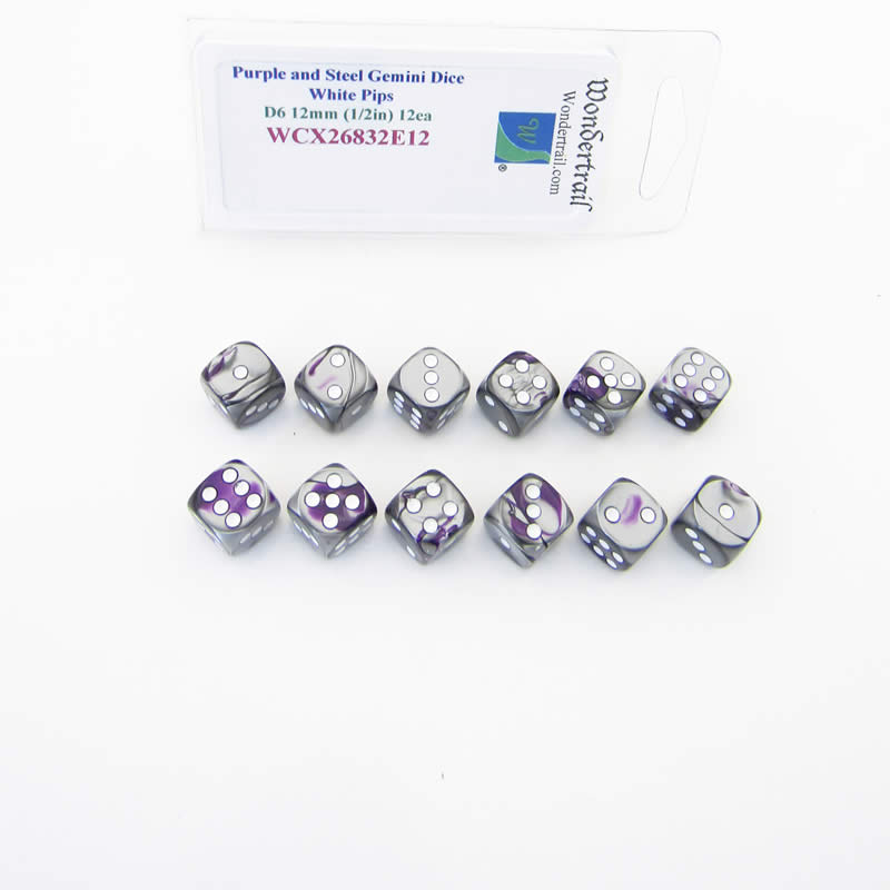 WCX26832E12 Purple Steel Gemini Dice White Pips D6 12mm Pack of 12 (ONLINE ORDER ONLY)