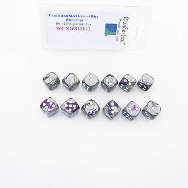 WCX26832E12 Purple Steel Gemini Dice White Pips D6 12mm Pack of 12 (ONLINE ORDER ONLY)