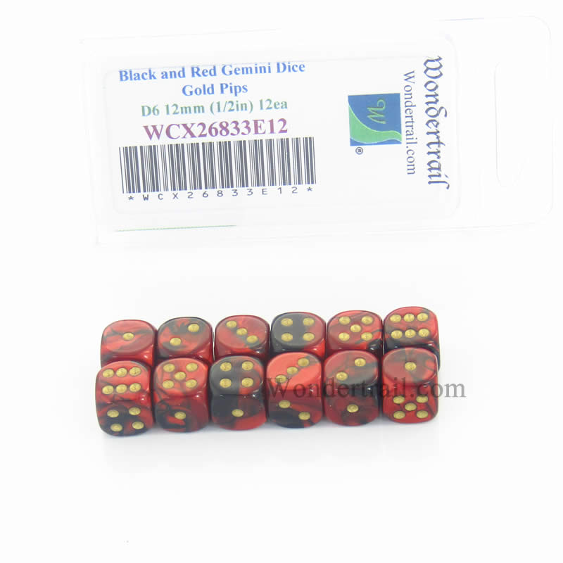 WCX26833E12 Black Red Gemini Dice Gold Pips D6 12mm Pack of 12 (ONLINE ORDER ONLY)