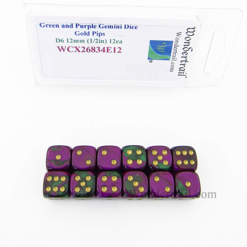 WCX26834E12 Green Purple Gemini Dice Gold Pips D6 12mm Pack of 12 (ONLINE ORDER ONLY)