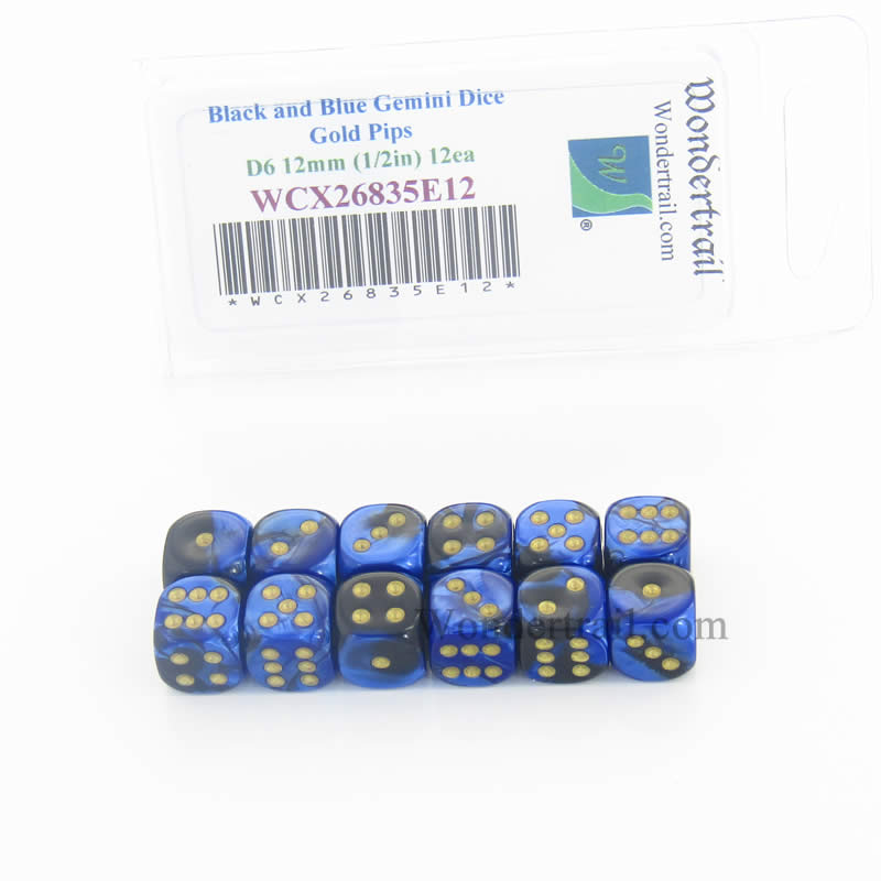 WCX26835E12 Black Blue Gemini Dice Gold Pips D6 12mm Pack of 12 (ONLINE ORDER ONLY)