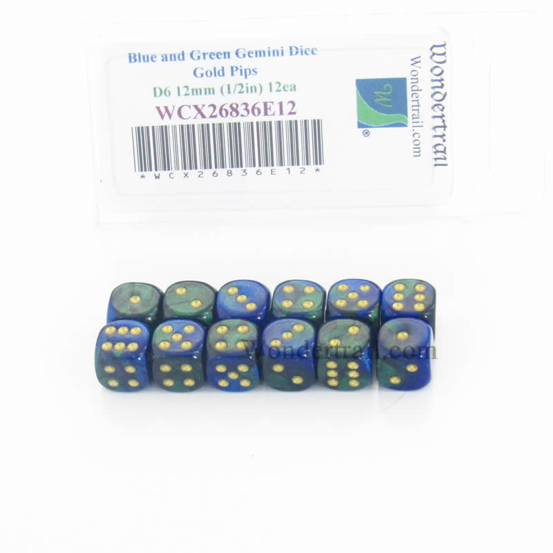 WCX26836E12 Blue Green Gemini Dice Gold Pips D6 12mm Pack of 12 (ONLINE ORDER ONLY)