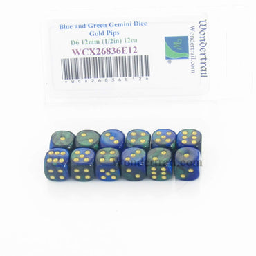 WCX26836E12 Blue Green Gemini Dice Gold Pips D6 12mm Pack of 12 (ONLINE ORDER ONLY)