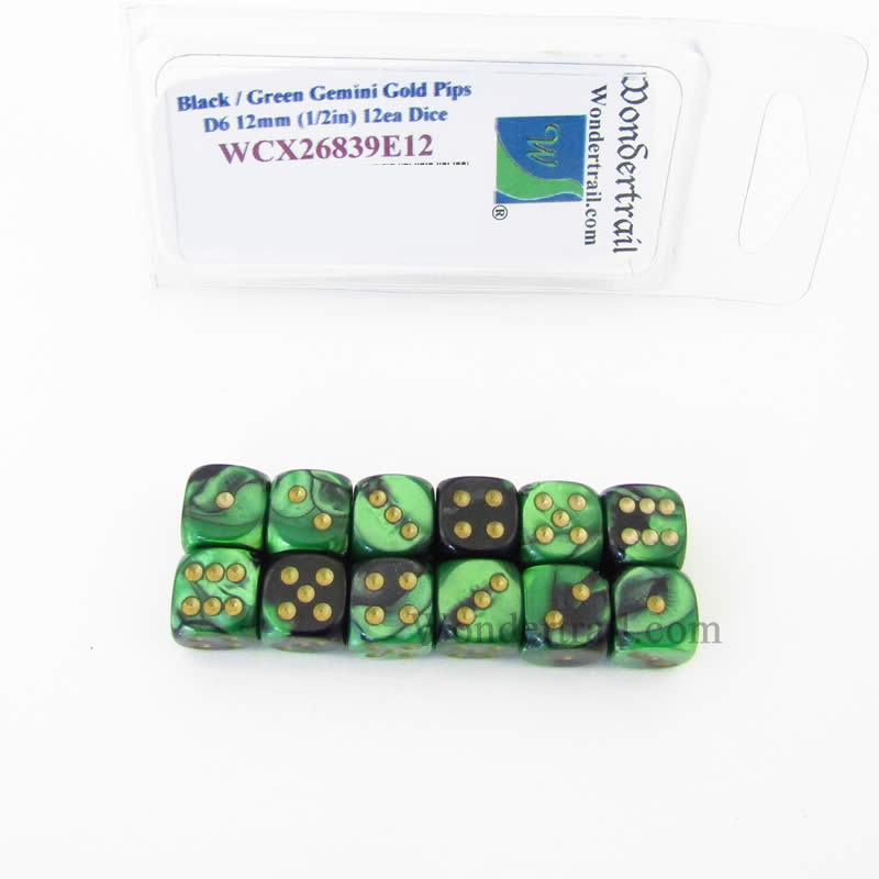 WCX26839E12 Black Green Gemini Dice Gold Pips 12mm D6 Set of 12 (ONLINE ORDER ONLY)