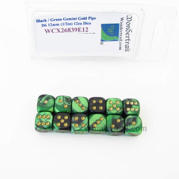 WCX26839E12 Black Green Gemini Dice Gold Pips 12mm D6 Set of 12 (ONLINE ORDER ONLY)