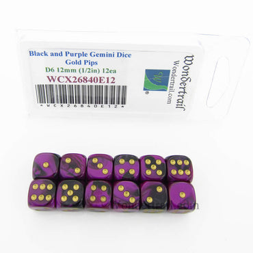 WCX26840E12 Black Purple Gemini Dice Gold Pips 12mm D6 Set of 12 (ONLINE ORDER ONLY)