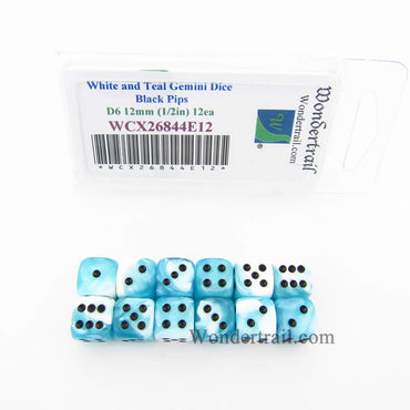 WCX26844E12 White Teal Gemini Dice Black Pips D6 12mm Pack of 12 (ONLINE ORDER ONLY)