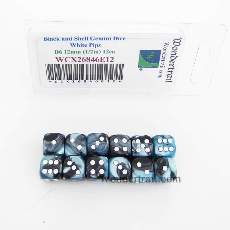 WCX26846E12 Black Shell Gemini Dice White Pips D6 12mm Pack of 12 (ONLINE ORDER ONLY)