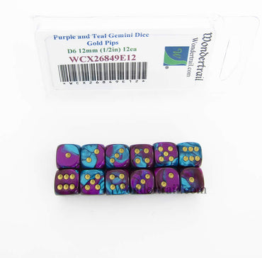 WCX26849E12 Purple Teal Gemini Dice Gold Pips D6 12mm Pack of 12 (ONLINE ORDER ONLY)