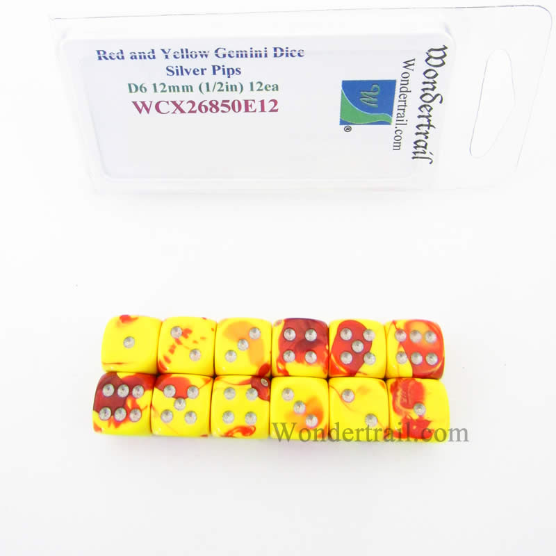 WCX26850E12 Red Yellow Gemini Dice Silver Pips D6 12mm Pack of 12 (ONLINE ORDER ONLY)