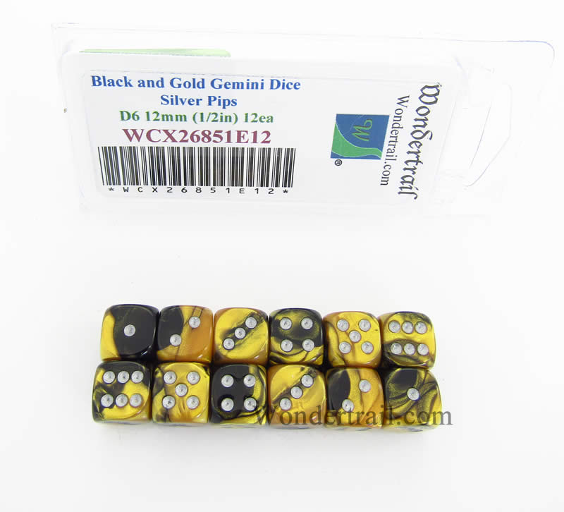 WCX26851E12 Black Gold Gemini Dice Silver Pips D6 12mm Pack of 12 (ONLINE ORDER ONLY)