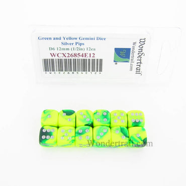 WCX26854E12 Green Yellow Gemini Dice Silver Pips D6 12mm Pack of 12 (ONLINE ORDER ONLY)