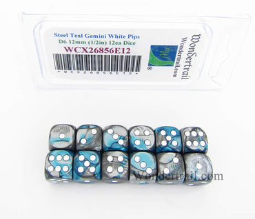 WCX26856E12 Steel Teal Gemini Dice White Pips 12mm D6 Set of 12 (ONLINE ORDER ONLY)