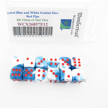 WCX26857E12 Astral Blue White Gemini Dice Red Pips 12mm D6 Set of 12 (ONLINE ORDER ONLY)