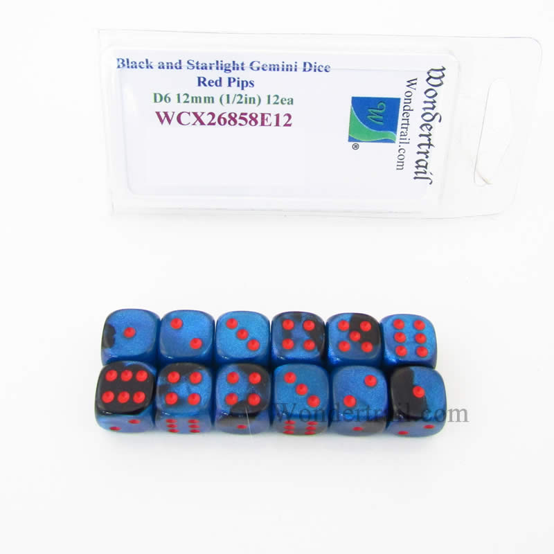 WCX26858E12 Black Starlight Gemini Dice Red Pips 12mm D6 Set of 12 (ONLINE ORDER ONLY)
