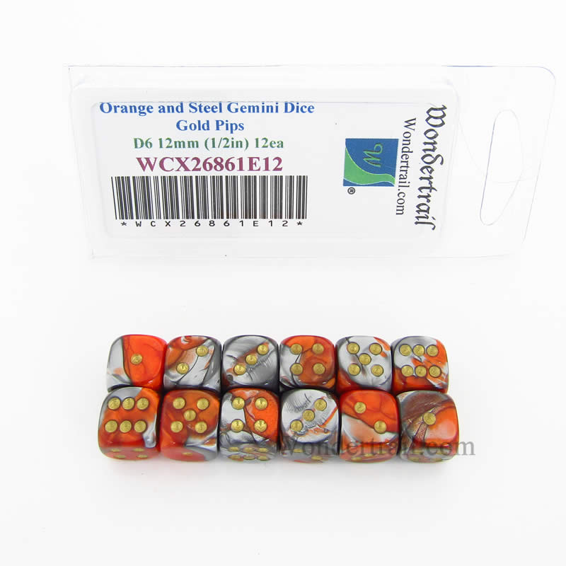 WCX26861E12 Orange Steel Gemini Dice Gold Pips 12mm D6 Set of 12 (ONLINE ORDER ONLY)