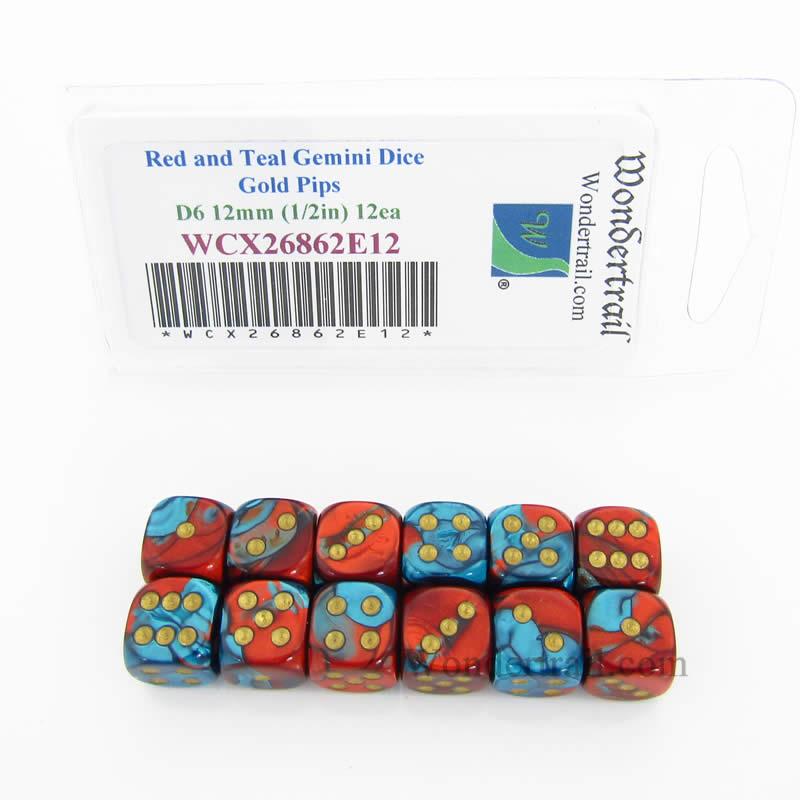 WCX26862E12 Red Teal Gemini Dice Gold Pips 12mm D6 Set of 12 (ONLINE ORDER ONLY)