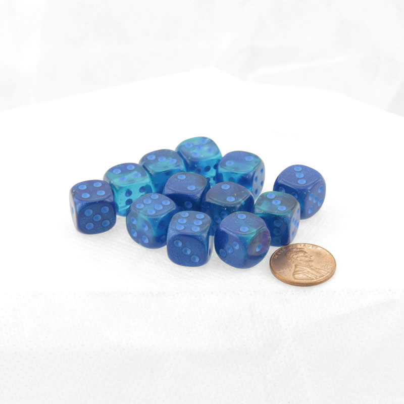 WCX26863E12 Blue and Blue Gemini Luminary Dice Light Blue Pips D6 12mm (1/2in) Set of 12 (ONLINE ORDER ONLY)