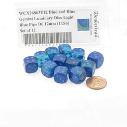 WCX26863E12 Blue and Blue Gemini Luminary Dice Light Blue Pips D6 12mm (1/2in) Set of 12 (ONLINE ORDER ONLY)