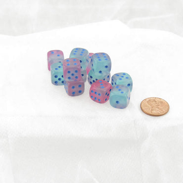 WCX26864E12 Gel Green and Pink Gemini Luminary Dice Blue Pips D6 12mm (1/2in) Set of 12 (ONLINE ORDER ONLY)