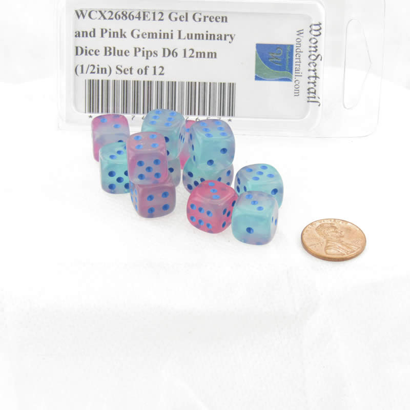 WCX26864E12 Gel Green and Pink Gemini Luminary Dice Blue Pips D6 12mm (1/2in) Set of 12 (ONLINE ORDER ONLY)