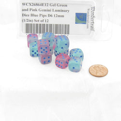 WCX26864E12 Gel Green and Pink Gemini Luminary Dice Blue Pips D6 12mm (1/2in) Set of 12 (ONLINE ORDER ONLY)