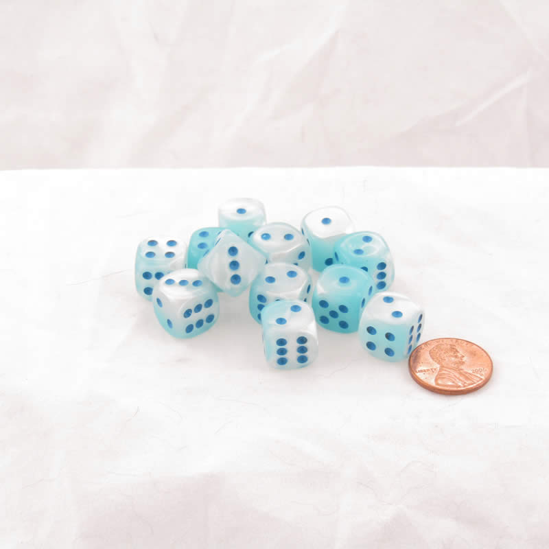 WCX26865E12 Pearl Turquoise and White Gemini Luminary Dice Blue Pips D6 12mm (1/2in) Set of 12 (ONLINE ORDER ONLY)